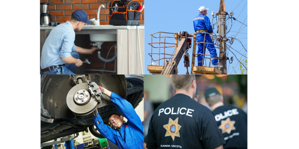Blue collar jobs, plumber, electrician, auto mechanic and police officer